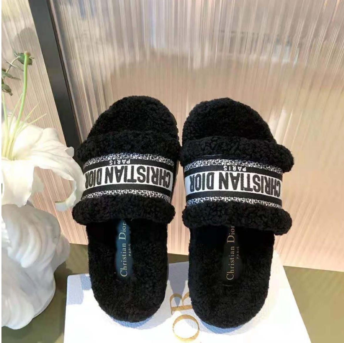 DIOR women dway slide BLACK embroidered Cotton and Shearling