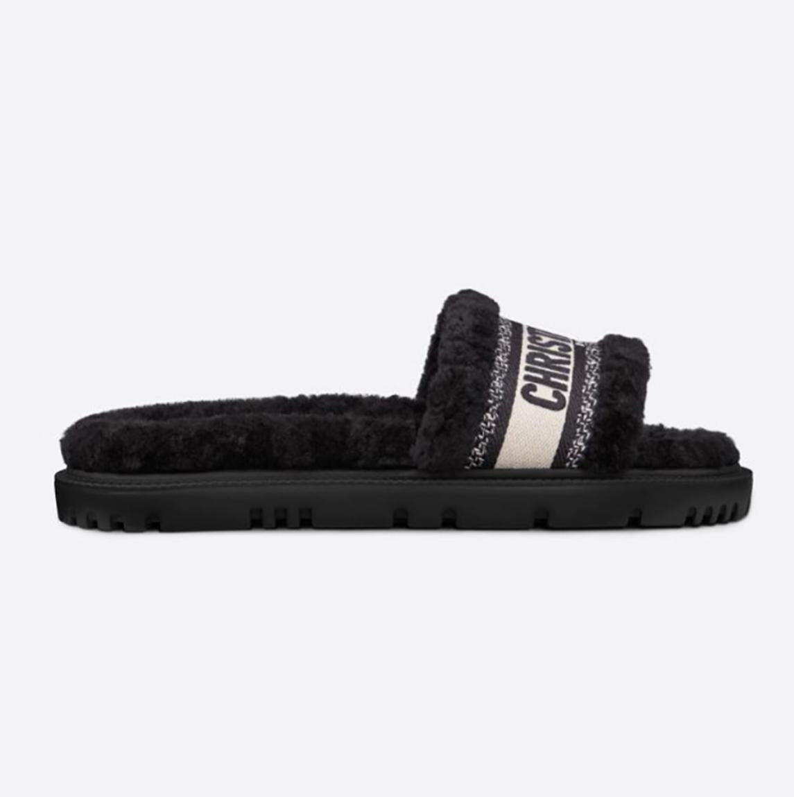 DIOR women dway slide BLACK embroidered Cotton and Shearling