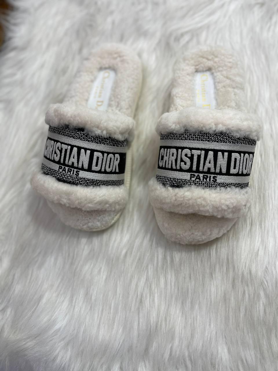 DIOR women Dway Slide WHITE Embroidered cotton and shearling