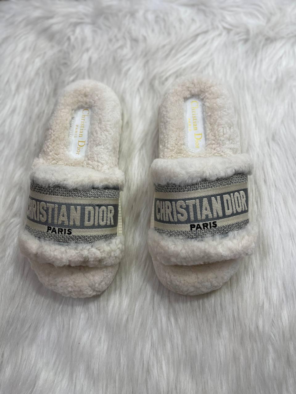 DIOR women Dway Slide WHITE Embroidered cotton and shearling