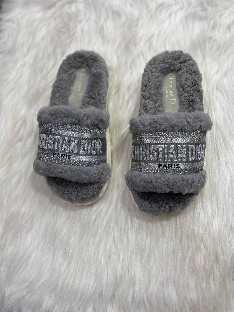 DIOR women Dway Slide GREY  Embroidered cotton and shearling