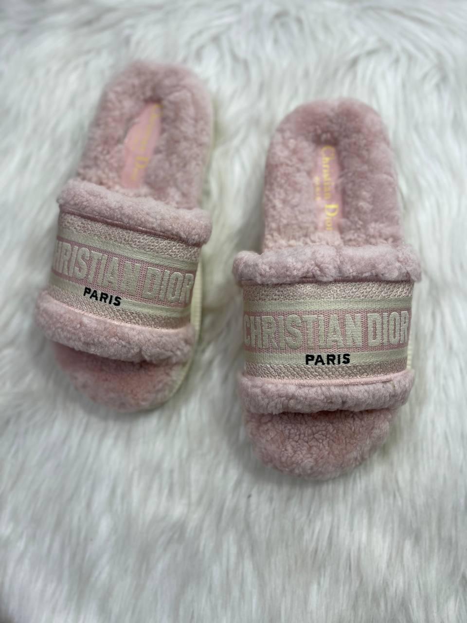 DIOR women Dway Slide PINK Embroidered cotton and shearling